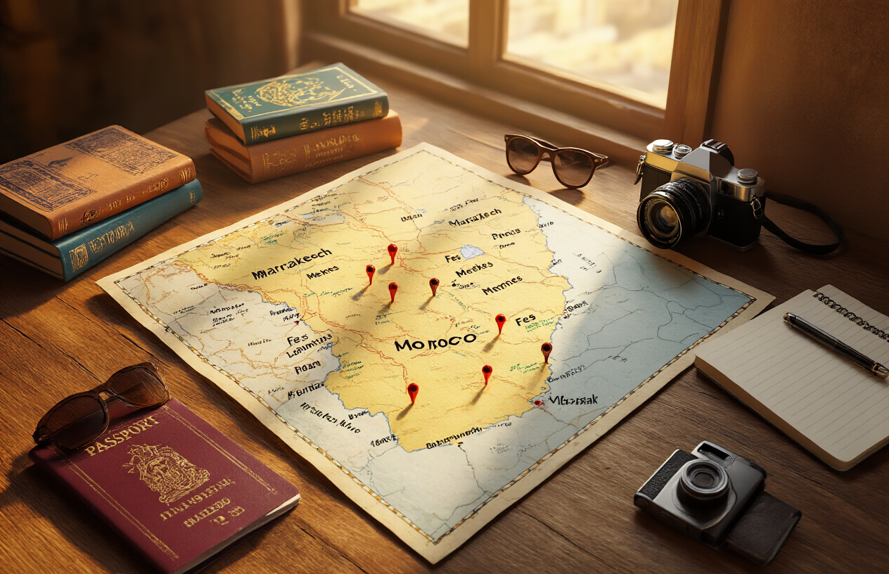 Create a realistic image of a travel planning scene featuring an open map of Morocco spread across a wooden table, with the four imperial cities of Marrakech, Fes, Meknes, and Rabat highlighted with small red pins, surrounded by travel guidebooks about Morocco, a passport, a camera, sunglasses, and a notebook with a pen, warm golden lighting from a window creating soft shadows across the planning materials, conveying an organized and exciting pre-travel preparation atmosphere, absolutely NO text should be in the scene.