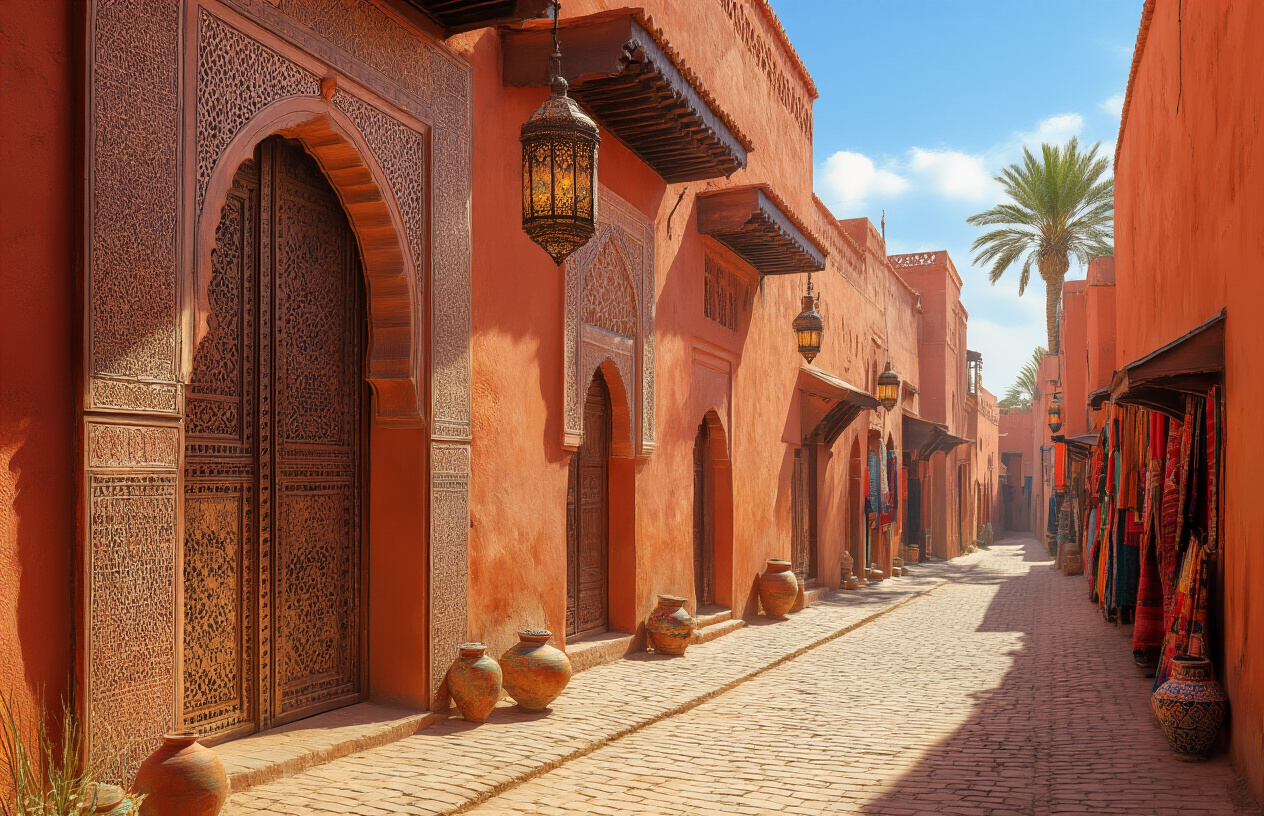 Create a realistic image of ancient red sandstone buildings and traditional Moroccan architecture in Marrakech's medina, featuring ornate doorways with intricate geometric patterns, carved wooden details, and traditional lanterns hanging from weathered walls, with narrow cobblestone alleyways leading deeper into the historic quarter, warm golden sunlight filtering through the passages creating dramatic shadows, vibrant colorful textiles and pottery displayed in small alcoves, palm trees visible in the background against a clear blue sky, capturing the mystical and authentic atmosphere of hidden treasures within the Red City, absolutely NO text should be in the scene.