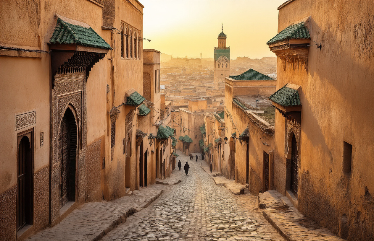 Create a realistic image of the ancient medina of Fes, Morocco, showcasing narrow cobblestone streets lined with traditional Moroccan architecture featuring intricate Islamic geometric patterns, ornate doorways, and weathered stone walls, with glimpses of the famous Fes el-Bali old city, traditional riads with their distinctive courtyards, and the iconic green-tiled rooftops and minarets of historic mosques rising in the background, capturing the warm golden hour lighting that bathes the ancient buildings in soft amber tones, creating an atmospheric scene that conveys the spiritual and cultural significance of this UNESCO World Heritage site, absolutely NO text should be in the scene.