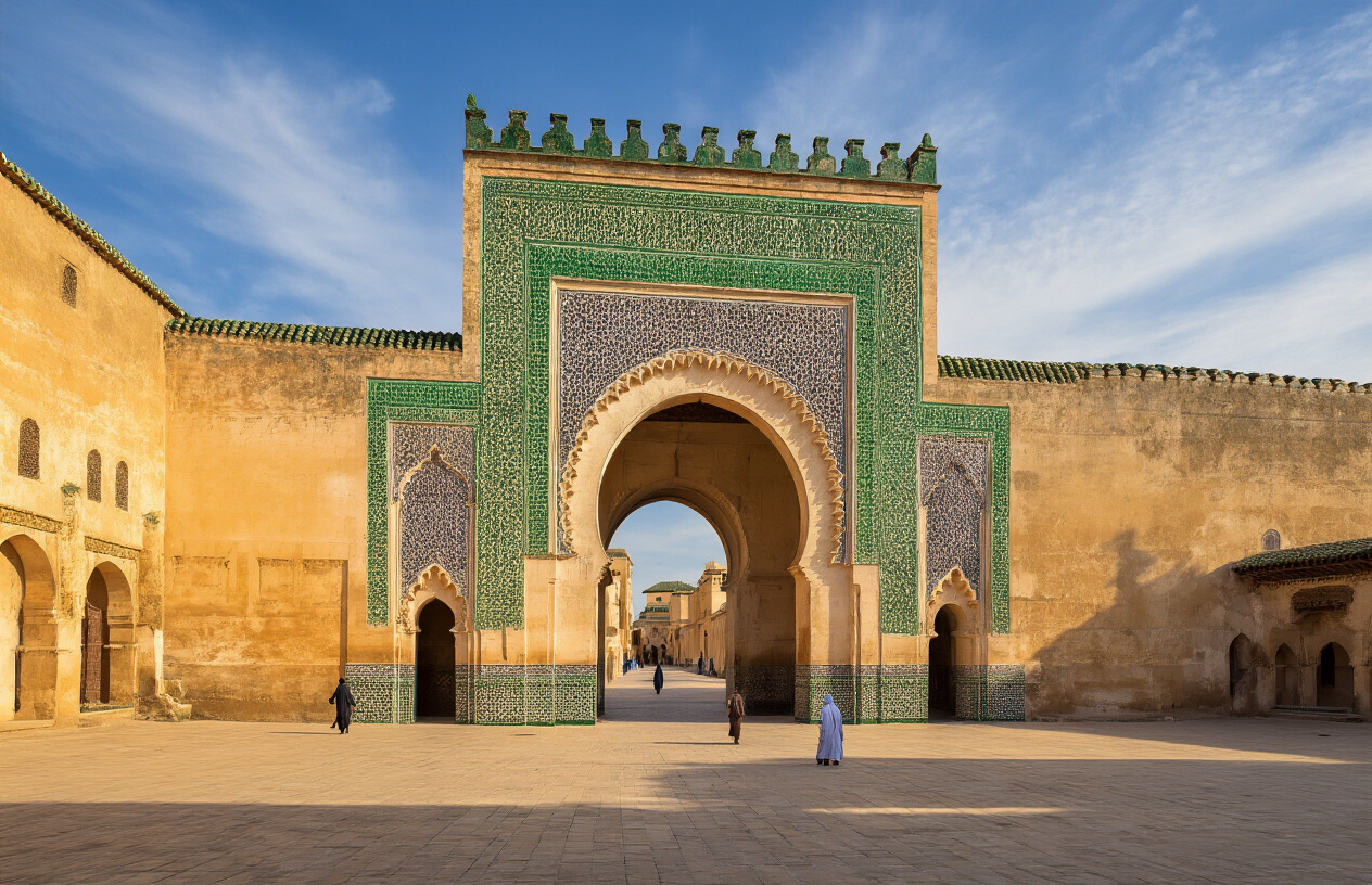 Create a realistic image of the historic Bab Mansour gate in Meknes, Morocco, showcasing its magnificent green and white geometric tile work and horseshoe arches, with weathered honey-colored stone walls, traditional Moroccan architecture visible in the background, warm golden hour lighting casting long shadows across the ancient plaza, a few distant figures in traditional djellabas walking through the square to show scale, clear blue sky with wispy clouds, capturing the majestic yet understated grandeur of this forgotten imperial city, absolutely NO text should be in the scene.