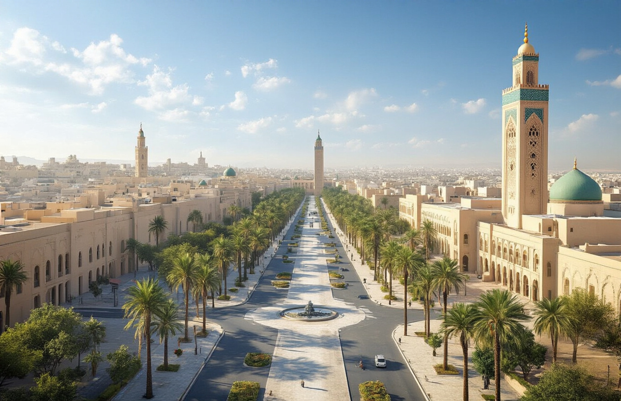 Create a realistic image of Rabat's modern cityscape featuring the iconic Hassan Tower minaret and Mausoleum of Mohammed V with contemporary government buildings in the background, wide tree-lined boulevards with palm trees, clean modern architecture mixed with traditional Moroccan design elements, bright daylight with clear blue skies, showcasing the organized urban planning and political importance of Morocco's capital city, absolutely NO text should be in the scene.