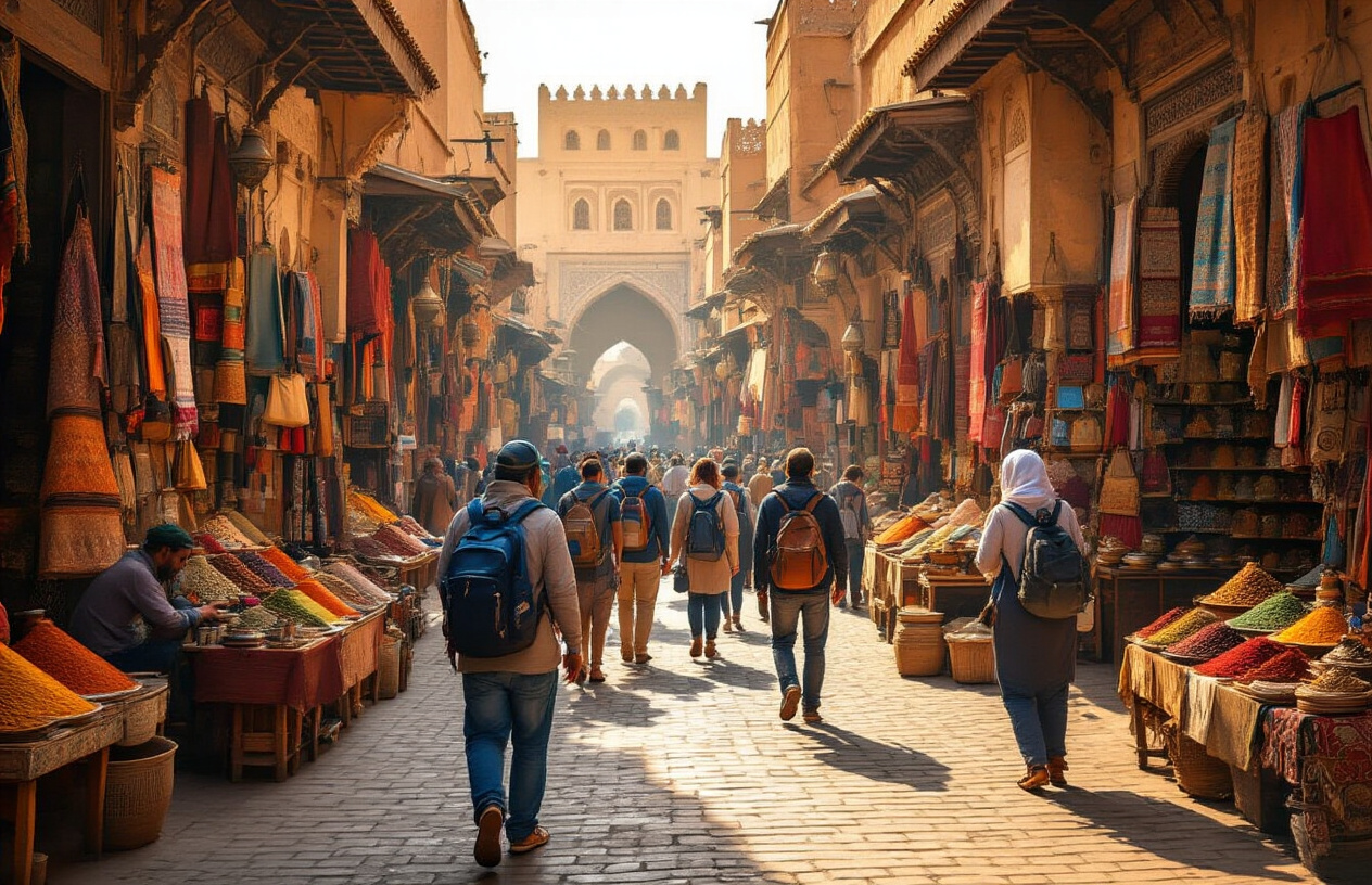 Create a realistic image of diverse tourists with backpacks and cameras exploring a bustling Moroccan marketplace, featuring traditional architecture with ornate Islamic geometric patterns, colorful spice displays, handwoven textiles, and local artisans at work, set against the backdrop of an ancient medina with warm golden hour lighting casting long shadows across cobblestone pathways, capturing the essence of cultural immersion and authentic travel experiences. Absolutely NO text should be in the scene.