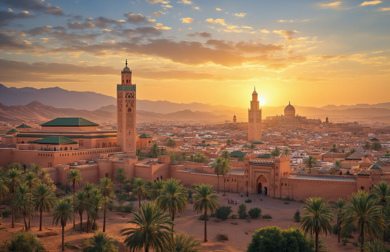 Create a realistic image of a panoramic view showcasing Morocco's four imperial cities with iconic landmarks including Marrakech's Koutoubia Mosque minaret, Fes medina rooftops, Meknes' Bab Mansour gate, and Rabat's Hassan Tower arranged in a sweeping landscape composition under golden sunset lighting with traditional Moroccan architecture, palm trees, and desert mountains in the background creating a harmonious conclusion scene that captures the essence of Morocco's imperial heritage. Absolutely NO text should be in the scene.
