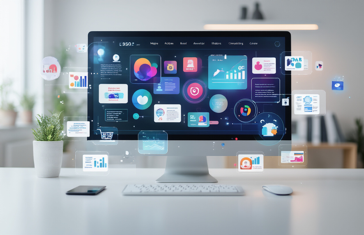 Digital marketing workspace showing automated AI content creation software.