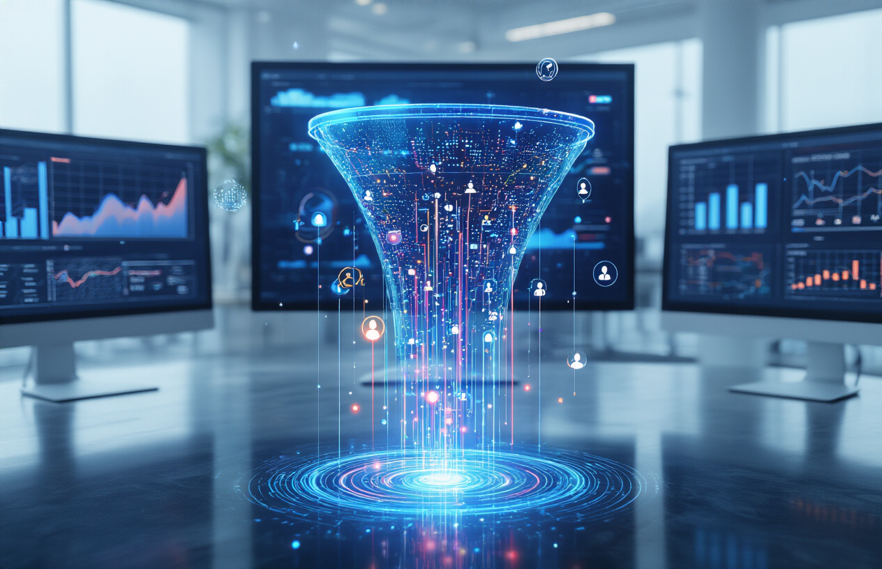 Digital sales funnel visualization showing AI lead generation software filling a pipeline automatically.