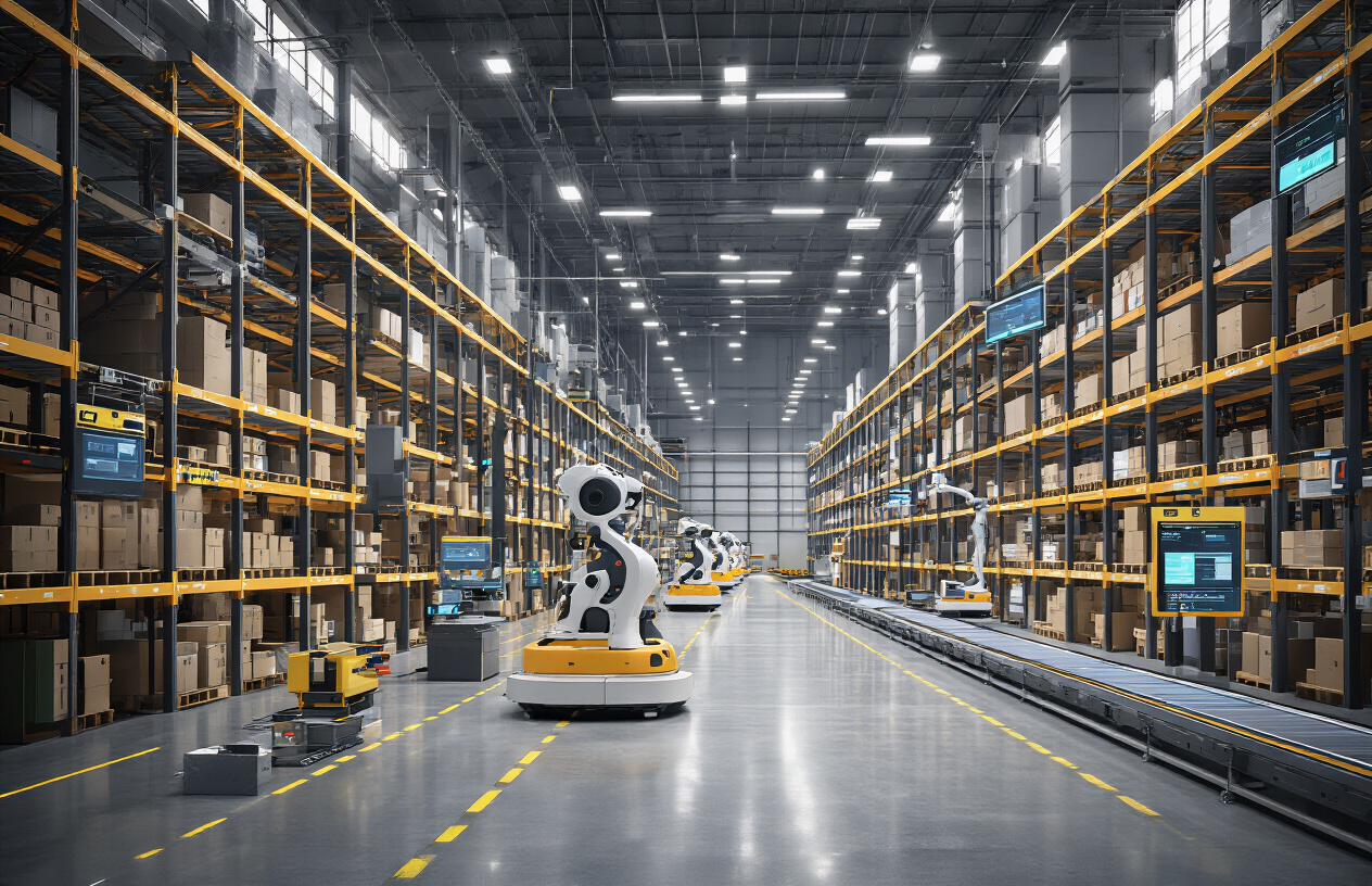 Smart warehouse interior with automated robotic shelving and AI inventory tracking to prevent stockouts.