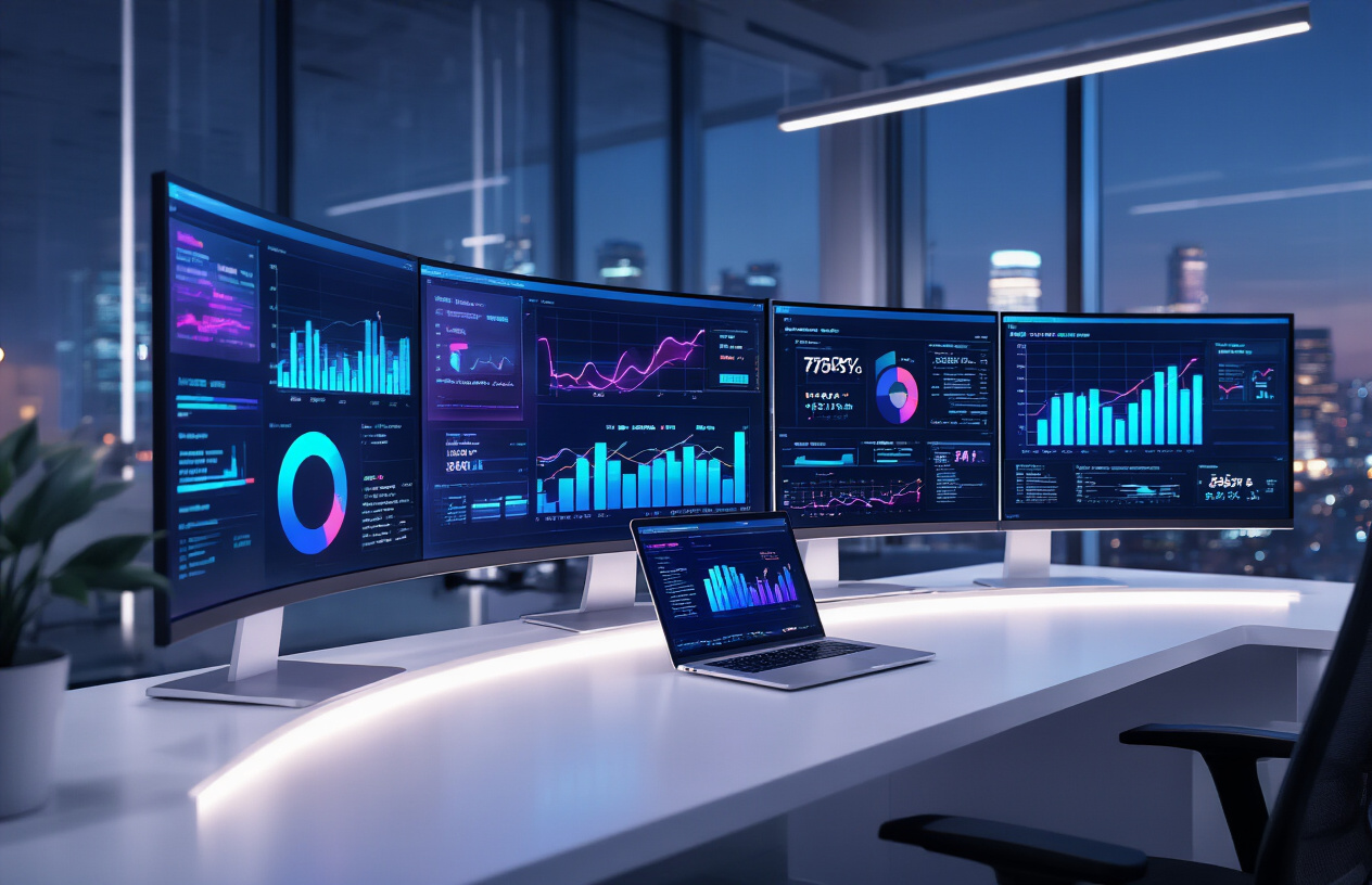 Futuristic workspace displaying a complete AI business automation ecosystem for 2026.