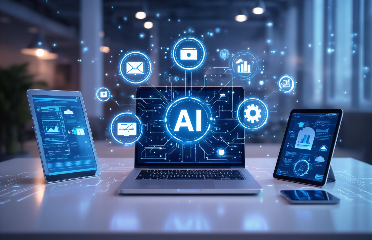 Futuristic workspace displaying a complete AI business automation ecosystem for 2026.