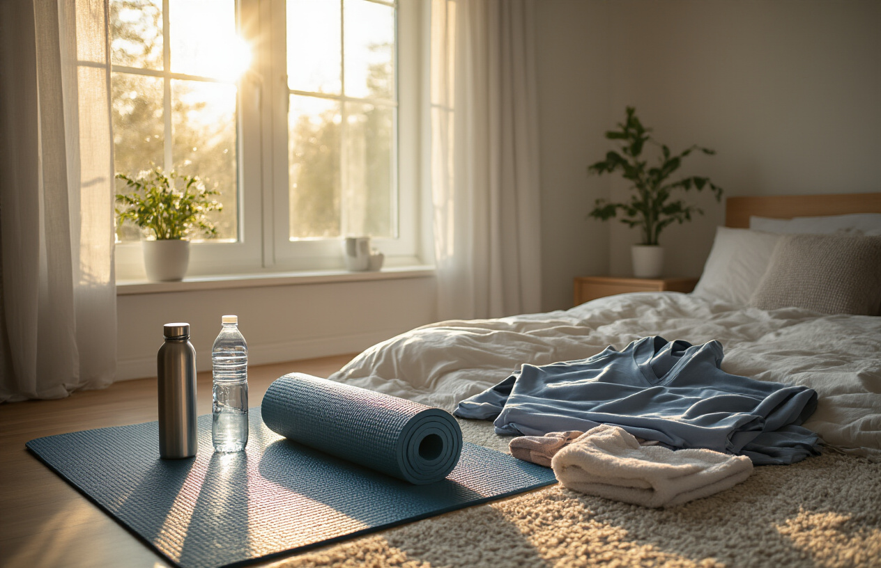 Create a realistic image of a peaceful bedroom scene during early morning with soft natural light streaming through a window, showing preparation items for home exercise including a yoga mat unrolled on the floor, a water bottle, a small towel, and comfortable workout clothes laid out neatly on the bed, with morning sunlight creating a calm and motivating atmosphere, absolutely NO text should be in the scene.