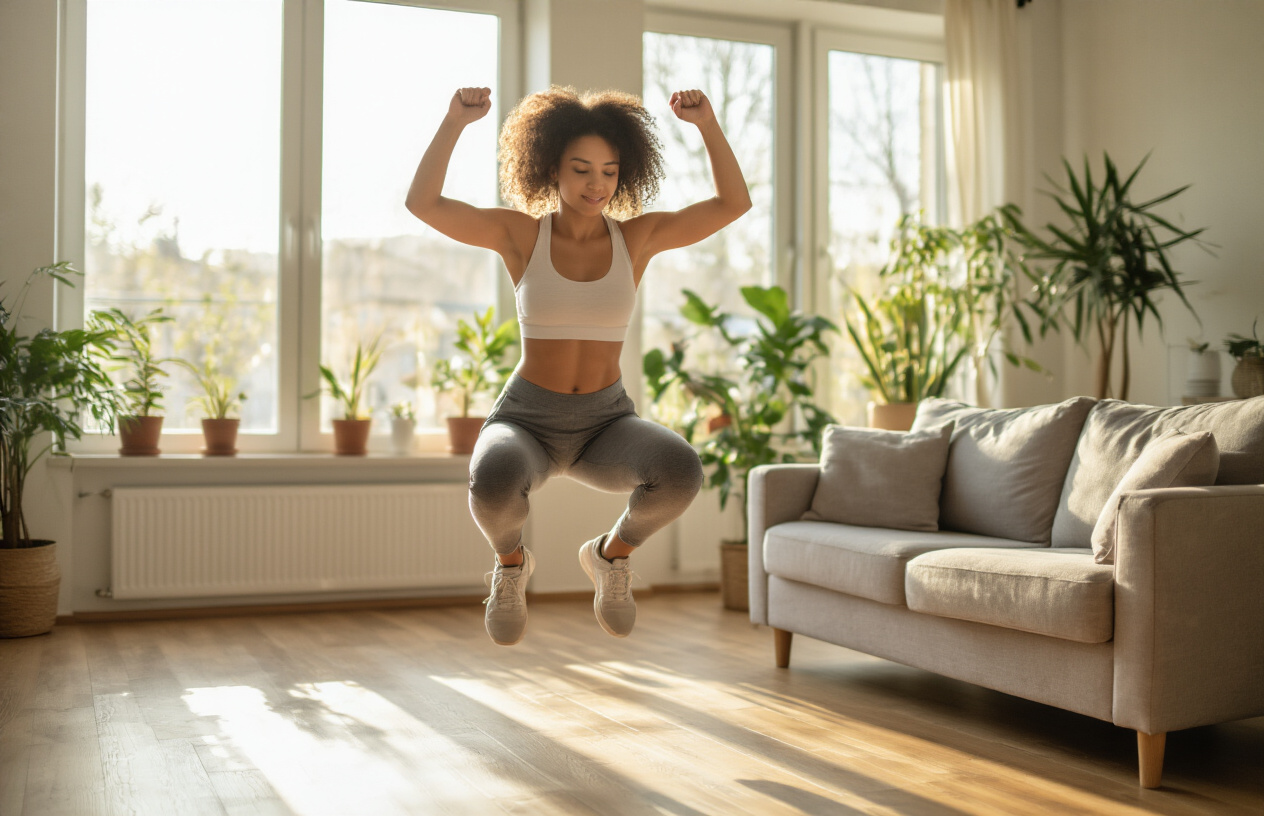 Create a realistic image of a young white female in comfortable workout attire performing jumping jacks in a bright, clean living room with natural morning light streaming through large windows, wooden floors, a sofa pushed to one side, and houseplants in the background, showing an energetic and healthy morning exercise atmosphere with no equipment visible, absolutely NO text should be in the scene.