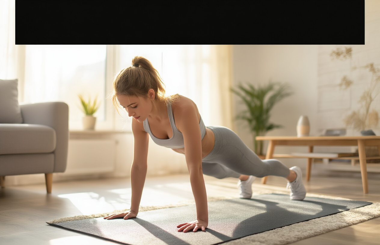 Create a realistic image of a young white female in comfortable workout clothes performing bodyweight exercises in a bright, modern living room with natural sunlight streaming through windows, showing her doing push-ups on a yoga mat with proper form, surrounded by minimal home decor including a couch and coffee table in the background, capturing a motivational morning workout atmosphere with soft, warm lighting. Absolutely NO text should be in the scene.
