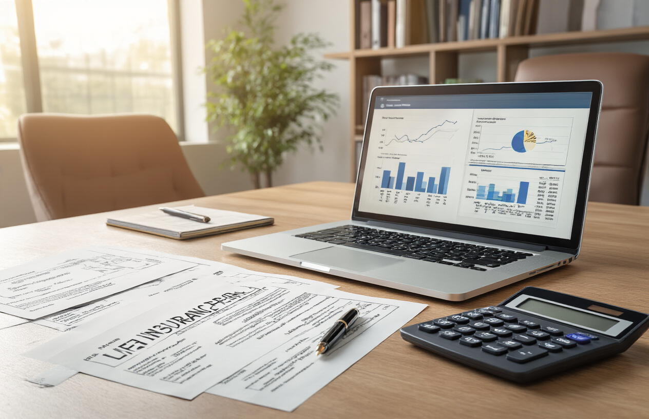 Create a realistic image of a modern office desk with life insurance policy documents spread out, a calculator, a pen, and a laptop computer displaying financial charts, with a professional indoor setting featuring warm natural lighting from a window, a comfortable chair, and bookshelves in the background, conveying a sense of security and careful financial planning, absolutely NO text should be in the scene.
