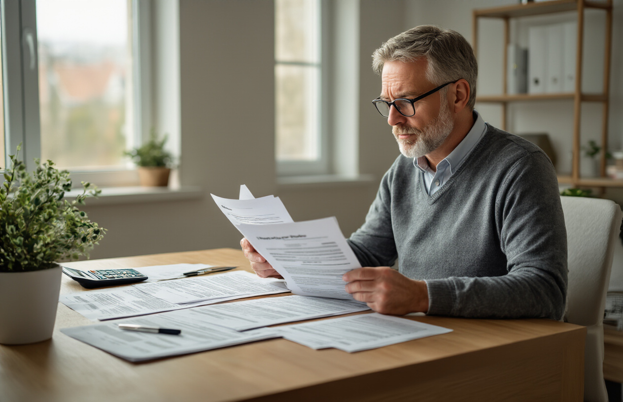 Create a realistic image of a middle-aged white male sitting at a clean wooden desk reviewing multiple life insurance policy documents spread out in front of him, with a calculator, pen, and glasses nearby, in a well-lit modern office setting with soft natural lighting from a window, conveying a thoughtful and focused decision-making atmosphere, absolutely NO text should be in the scene.
