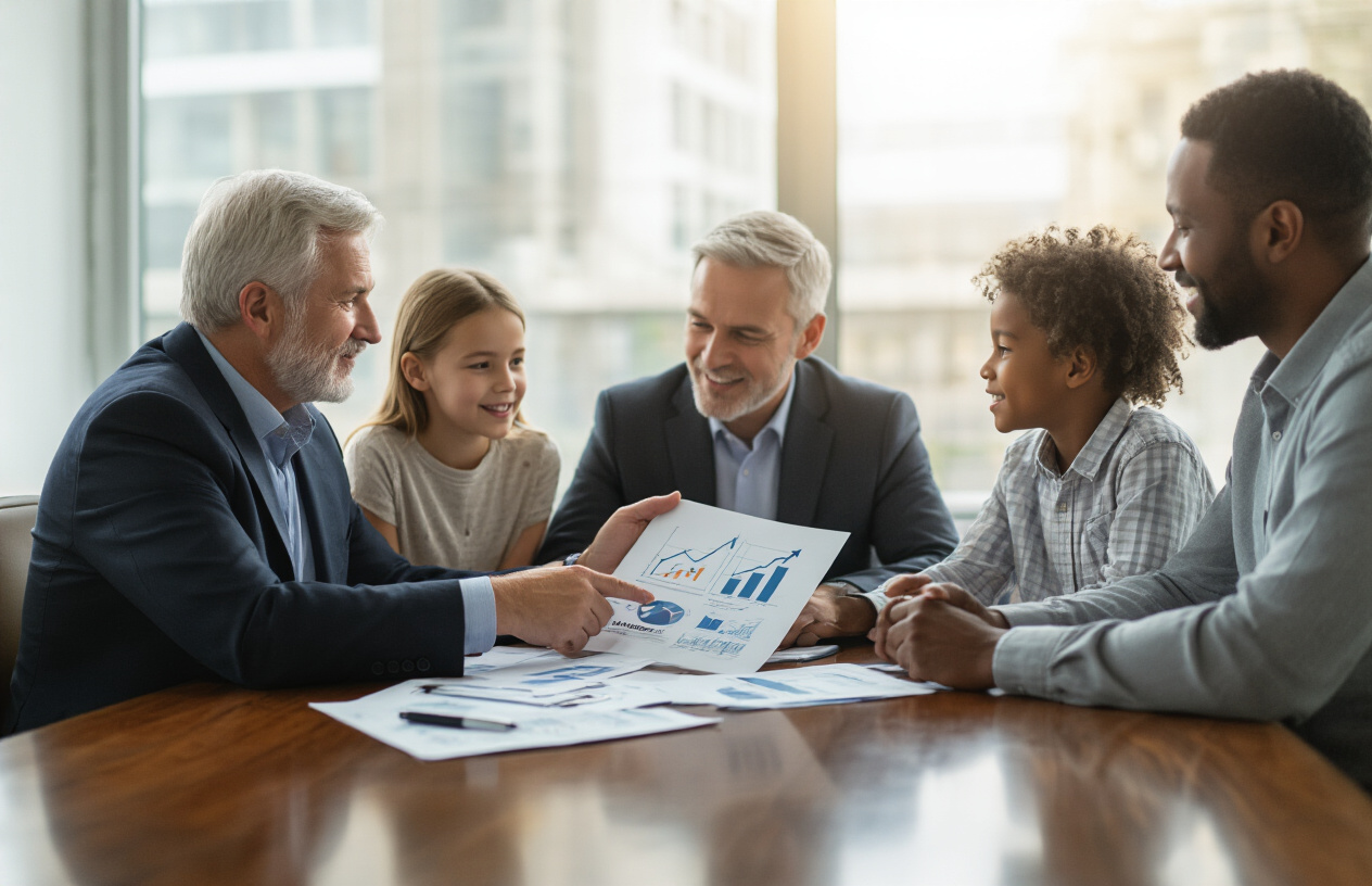 Create a realistic image of a middle-aged white male financial advisor in a professional suit sitting across from a diverse family (white female, black male, and their two children) at a polished wooden desk in a bright, modern office setting, with the advisor pointing to charts and documents showing upward trending graphs and benefit calculations, while the family appears engaged and optimistic, with natural lighting streaming through large windows creating a trustworthy and professional atmosphere, absolutely NO text should be in the scene.