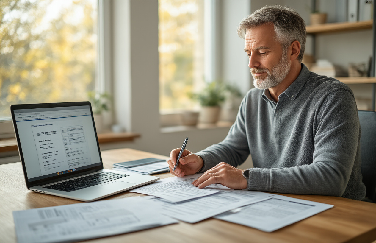 Create a realistic image of a middle-aged white male sitting at a wooden desk in a bright, modern office, reviewing life insurance application documents and forms spread across the desk, with a laptop computer open showing an insurance website, a pen in his hand, warm natural lighting from a window, professional yet approachable atmosphere, organized paperwork including medical forms and policy brochures, absolutely NO text should be in the scene.