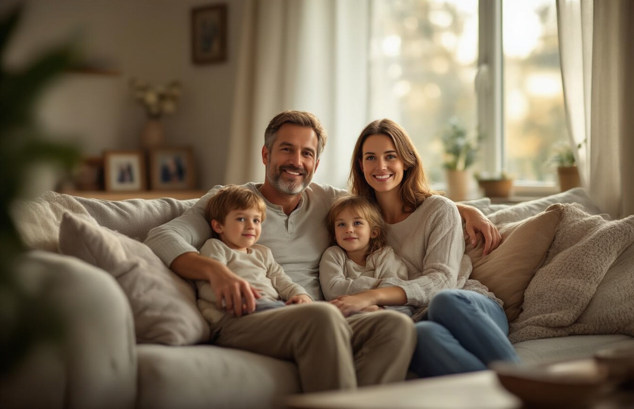Create a realistic image of a peaceful family scene showing a white male father in his 40s and white female mother in her 30s sitting together on a comfortable couch with their two young children, looking relaxed and secure in a warm, well-lit living room with soft natural lighting from a window, featuring subtle elements like family photos on side tables and a cozy home atmosphere that conveys protection, security, and peace of mind, absolutely NO text should be in the scene.