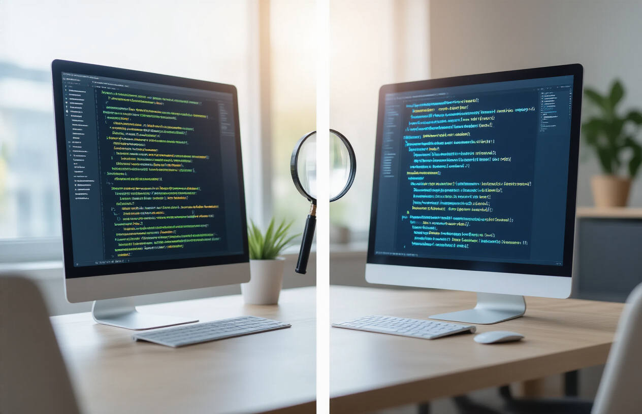 Create a realistic image of a split-screen composition showing human vs AI writing patterns, with the left side displaying a computer screen with naturally flowing text that has varied sentence structures and organic paragraph breaks, and the right side showing another screen with repetitive, mechanical text patterns featuring identical sentence lengths and formulaic structures, a magnifying glass hovering over both screens highlighting the differences, clean modern office environment with soft natural lighting from a window, neutral color palette with subtle blue accent lighting from the screens, absolutely NO text should be in the scene.