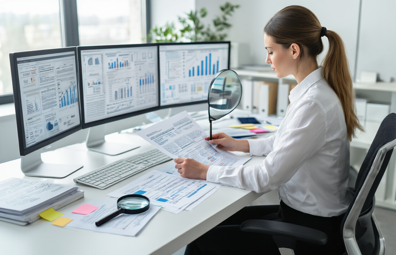 Create a realistic image of a professional workplace setting showing a white female analyst at a modern desk examining documents and data on multiple computer screens, with magnifying glass nearby highlighting detailed text analysis, surrounded by research materials including printed reports with highlighted sections, sticky notes, and fact-checking references, in a well-lit office environment with natural lighting from windows, conveying a focused investigative atmosphere of thorough content verification and quality assessment, absolutely NO text should be in the scene.