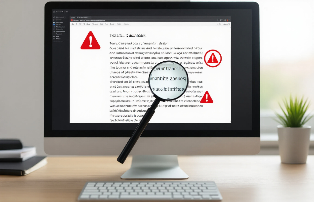 Create a realistic image of a close-up view of a computer screen displaying a text document with a magnifying glass hovering over specific paragraphs, with red warning flags or alert symbols floating subtly around suspicious text sections, clean modern office desk setup in the background, soft natural lighting from a window, focused analytical atmosphere, absolutely NO text should be in the scene.