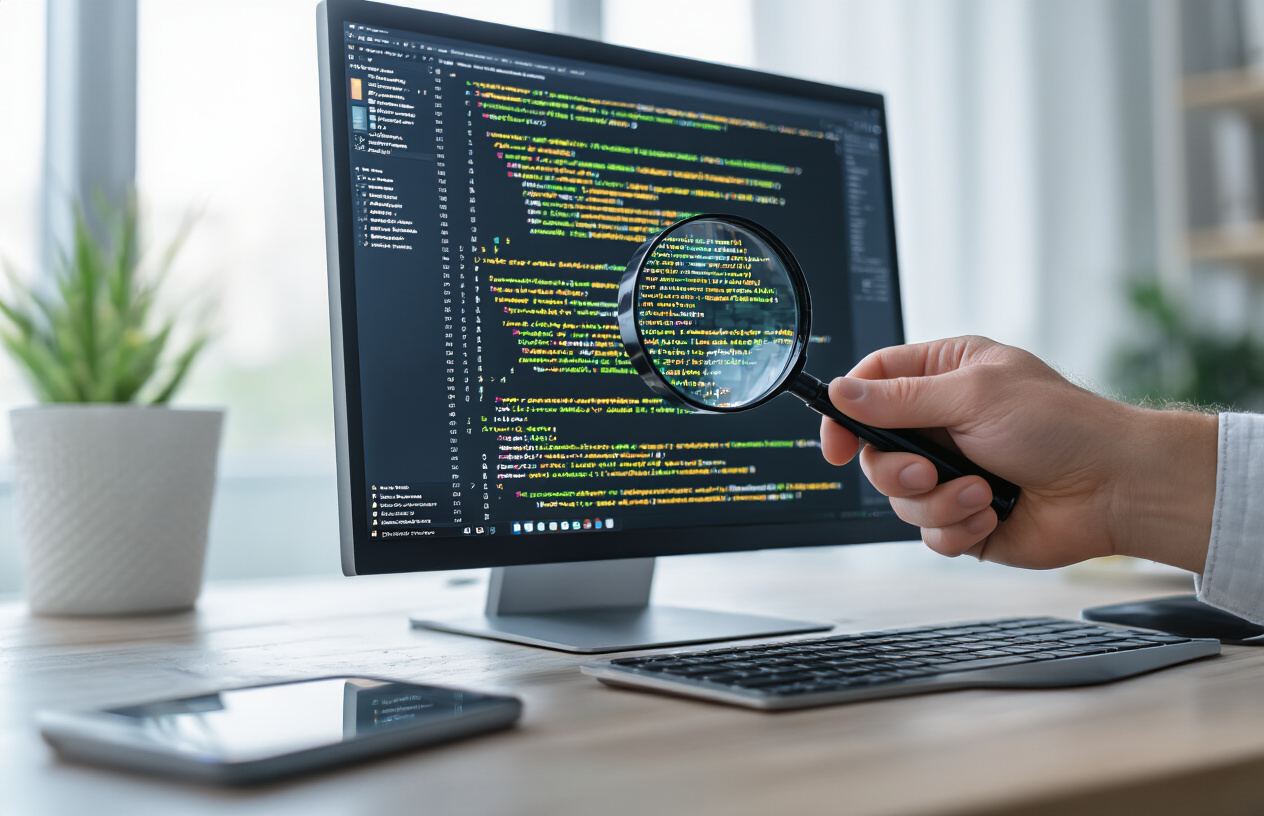 Create a realistic image of a close-up view of a computer screen displaying code analysis tools and detection software interfaces, with a white male hand holding a magnifying glass over digital text patterns, surrounded by multiple browser windows showing technical detection methods, set against a modern office desk with soft natural lighting from a window, creating a focused investigative atmosphere. Absolutely NO text should be in the scene.