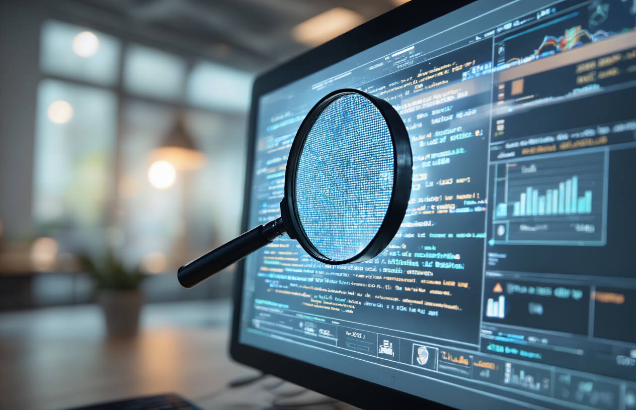 Create a realistic image of a close-up view of a computer screen displaying a magnifying glass icon hovering over digital text, with subtle digital artifacts and glitches visible in the text rendering, surrounded by detection tools and analytical interfaces on the screen, set against a modern office environment with soft ambient lighting, conveying a sense of digital investigation and content verification. Absolutely NO text should be in the scene.