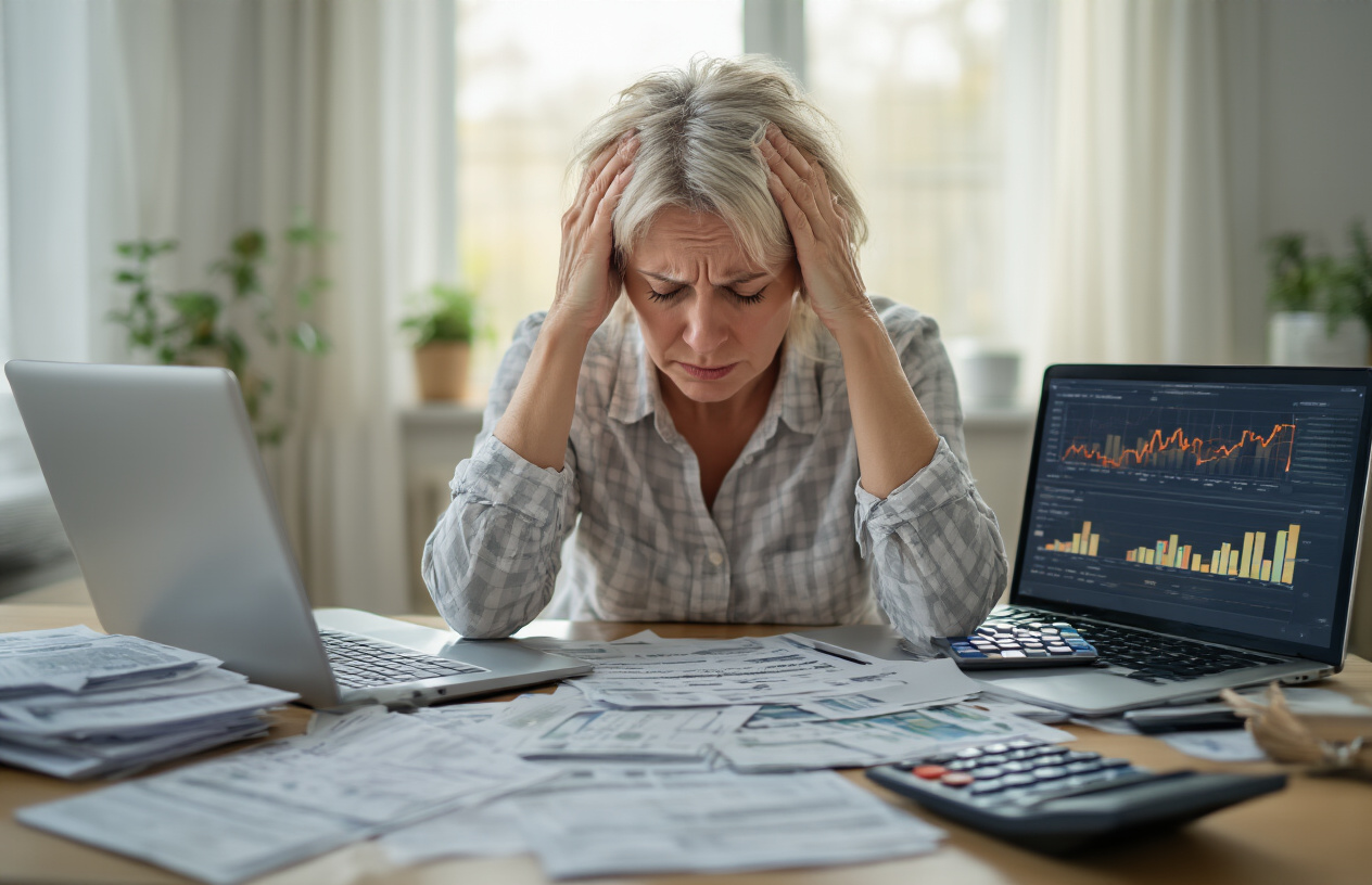 Create a realistic image of a middle-aged white female sitting at a cluttered desk with unpaid bills and financial documents scattered around, holding her head in her hands showing signs of stress and exhaustion, with a calculator and laptop displaying financial charts nearby, set in a dimly lit home office environment with soft natural lighting coming through a window, conveying a mood of overwhelming financial burden and its impact on wellbeing, absolutely NO text should be in the scene.