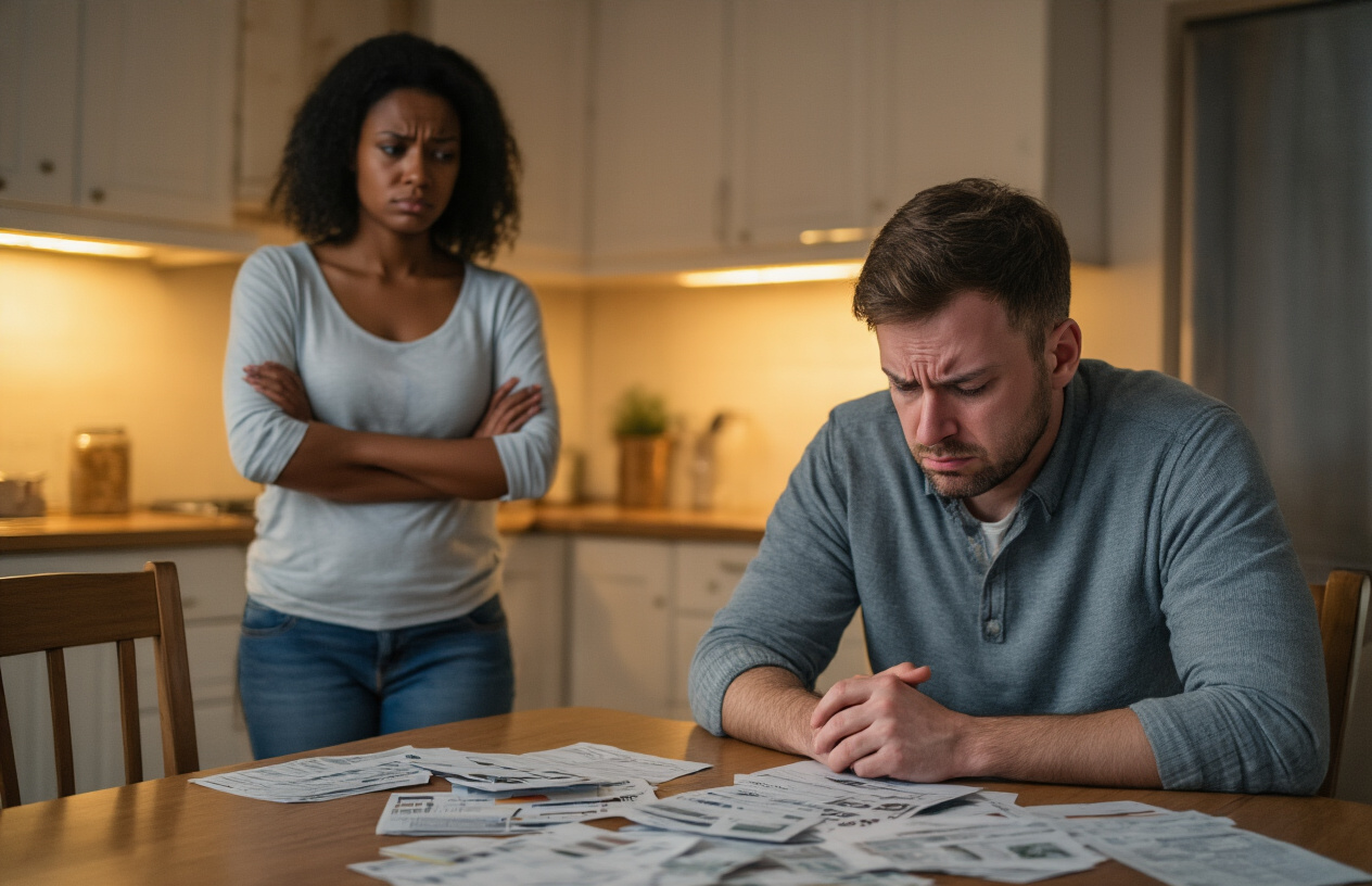 Create a realistic image of a stressed white male in his 30s sitting at a kitchen table with bills and financial documents scattered around, while a concerned black female partner stands in the background with crossed arms looking away, showing tension and distance between them in a dimly lit home environment with warm but subdued lighting that emphasizes the emotional strain and disconnect in their relationship. Absolutely NO text should be in the scene.