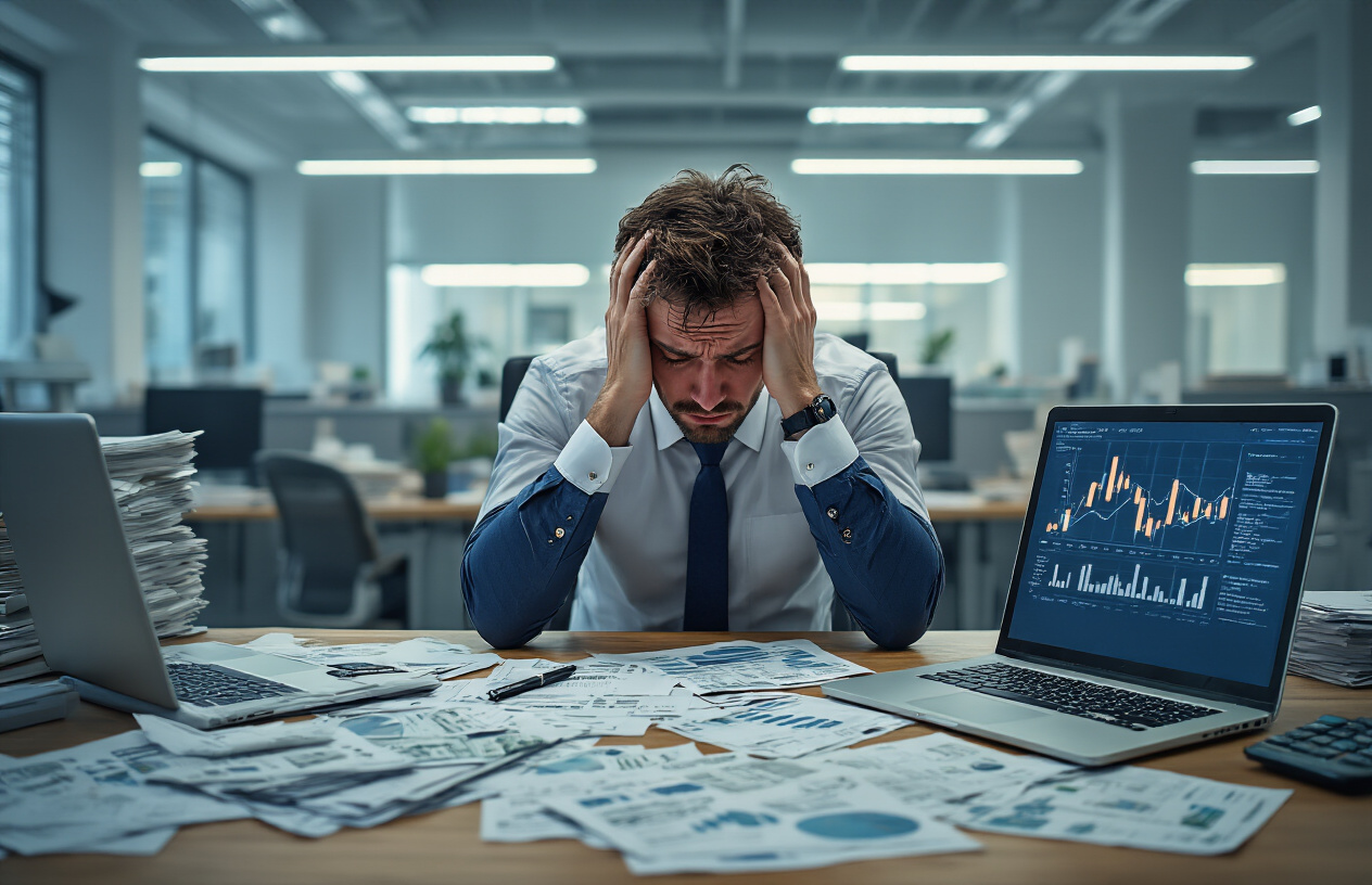 Create a realistic image of a stressed white male professional in business attire sitting at a cluttered office desk with his head in his hands, surrounded by scattered financial documents, unpaid bills, and a laptop showing declining charts, with a dimly lit office environment featuring fluorescent lighting casting harsh shadows, creating a tense and overwhelming atmosphere that conveys career performance decline due to financial pressure, absolutely NO text should be in the scene.