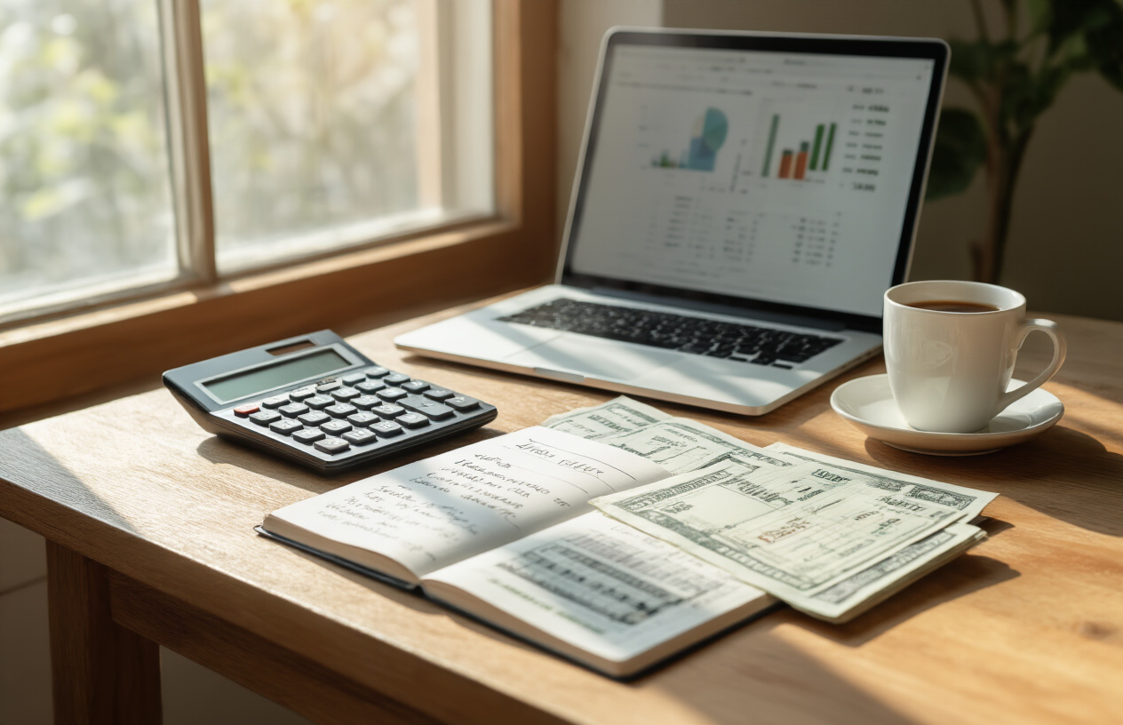 Create a realistic image of a clean, organized desk scene showing budget planning materials including a calculator, notebook with handwritten budget categories, a few bills spread neatly, a laptop displaying a simple spreadsheet, and a coffee cup, all arranged on a wooden desk surface with soft natural lighting from a nearby window, creating a calm and productive atmosphere that suggests financial planning and organization, with warm tones and a minimalist background. Absolutely NO text should be in the scene.