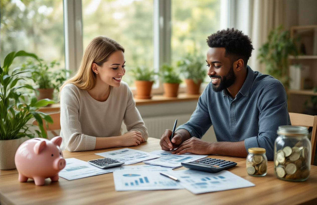 Create a realistic image of a peaceful financial planning scene featuring a diverse group including a white female and black male sitting at a clean wooden table with organized financial documents, calculator, piggy bank, and emergency fund jar filled with money, surrounded by a calm home office environment with soft natural lighting from a window, potted plants in the background, and a serene atmosphere that conveys financial security and reduced stress. Absolutely NO text should be in the scene.