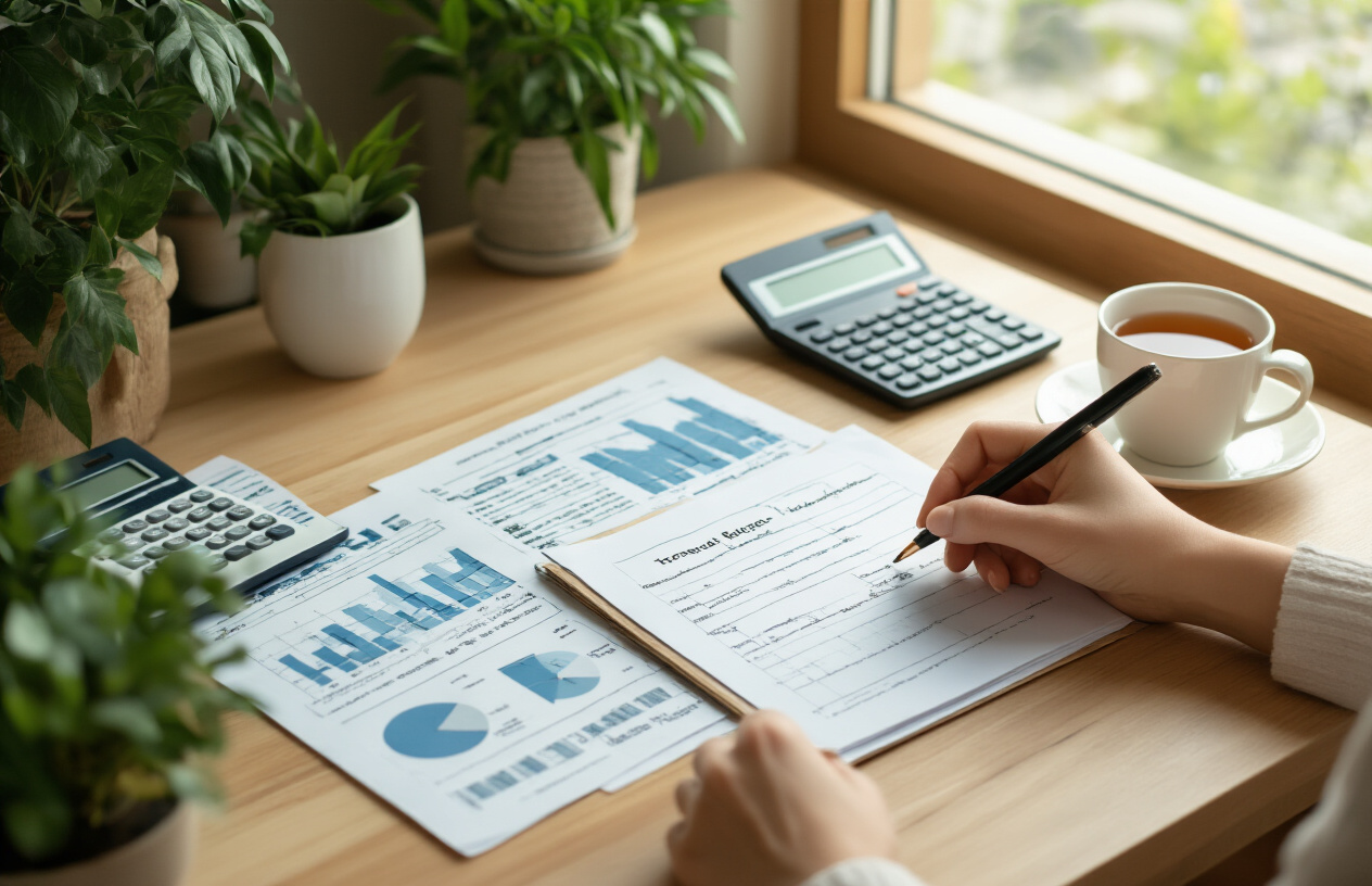 Create a realistic image of a peaceful scene showing organized financial documents, calculators, and charts spread neatly on a clean wooden desk with soft natural lighting from a window, featuring a serene home office environment with plants in the background, a cup of tea nearby, and hands of a middle-aged white female writing in a budget planner, conveying a sense of calm control and financial organization, absolutely NO text should be in the scene.
