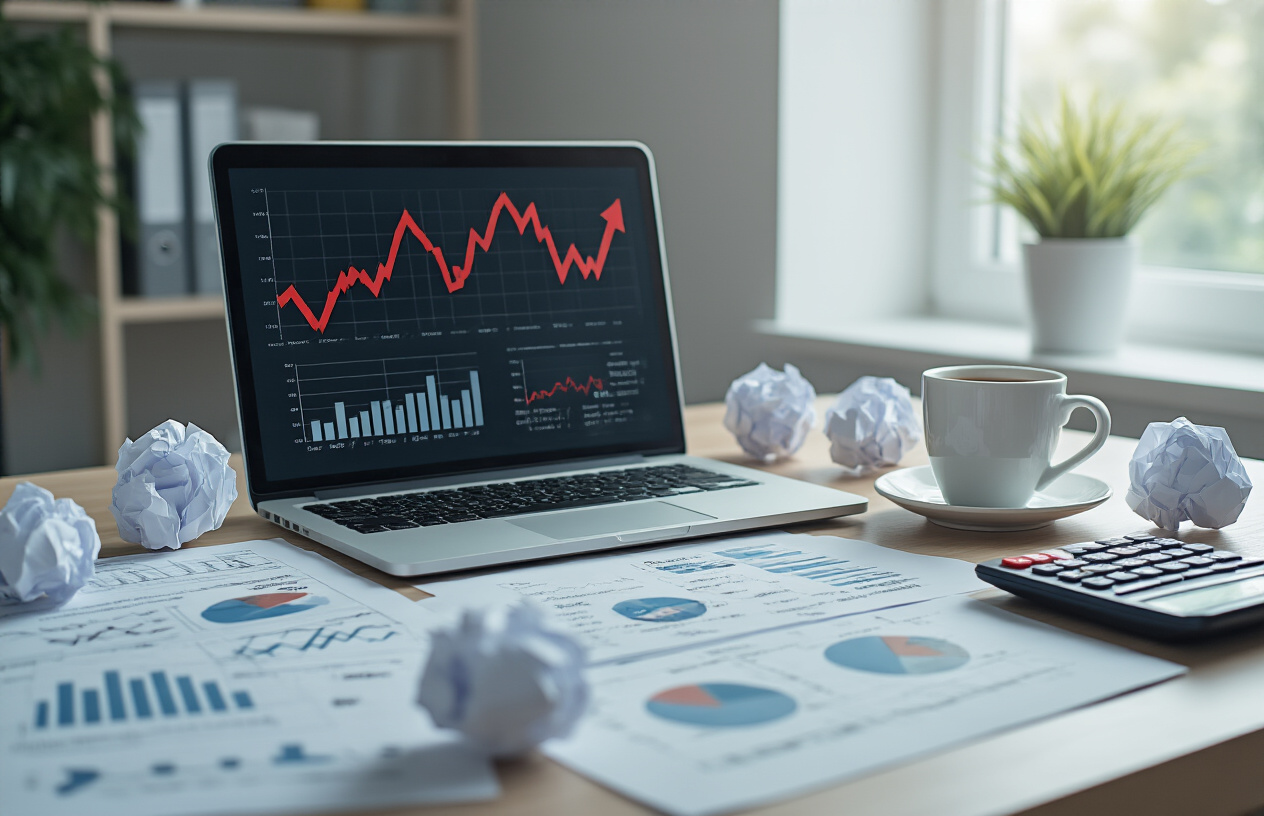 Create a realistic image of a modern office desk with scattered business documents, charts showing declining red arrows and negative statistics, a laptop displaying financial graphs with downward trends, crumpled paper balls around the workspace, empty coffee cups, and a calculator, set against a clean white background with soft natural lighting from a window, conveying a mood of business analysis and concern, absolutely NO text should be in the scene.