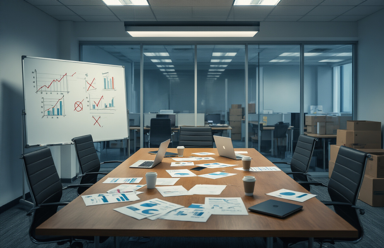 Create a realistic image of a modern office workspace showing signs of startup failure with an empty conference room containing a large table surrounded by vacant chairs, scattered business documents and charts on the table, a whiteboard with crossed-out strategies and declining graphs, dim overhead lighting creating a somber atmosphere, abandoned laptops and coffee cups, and in the background through glass windows, empty office cubicles with boxes packed for moving, conveying the mood of disappointment and missed opportunities. Absolutely NO text should be in the scene.