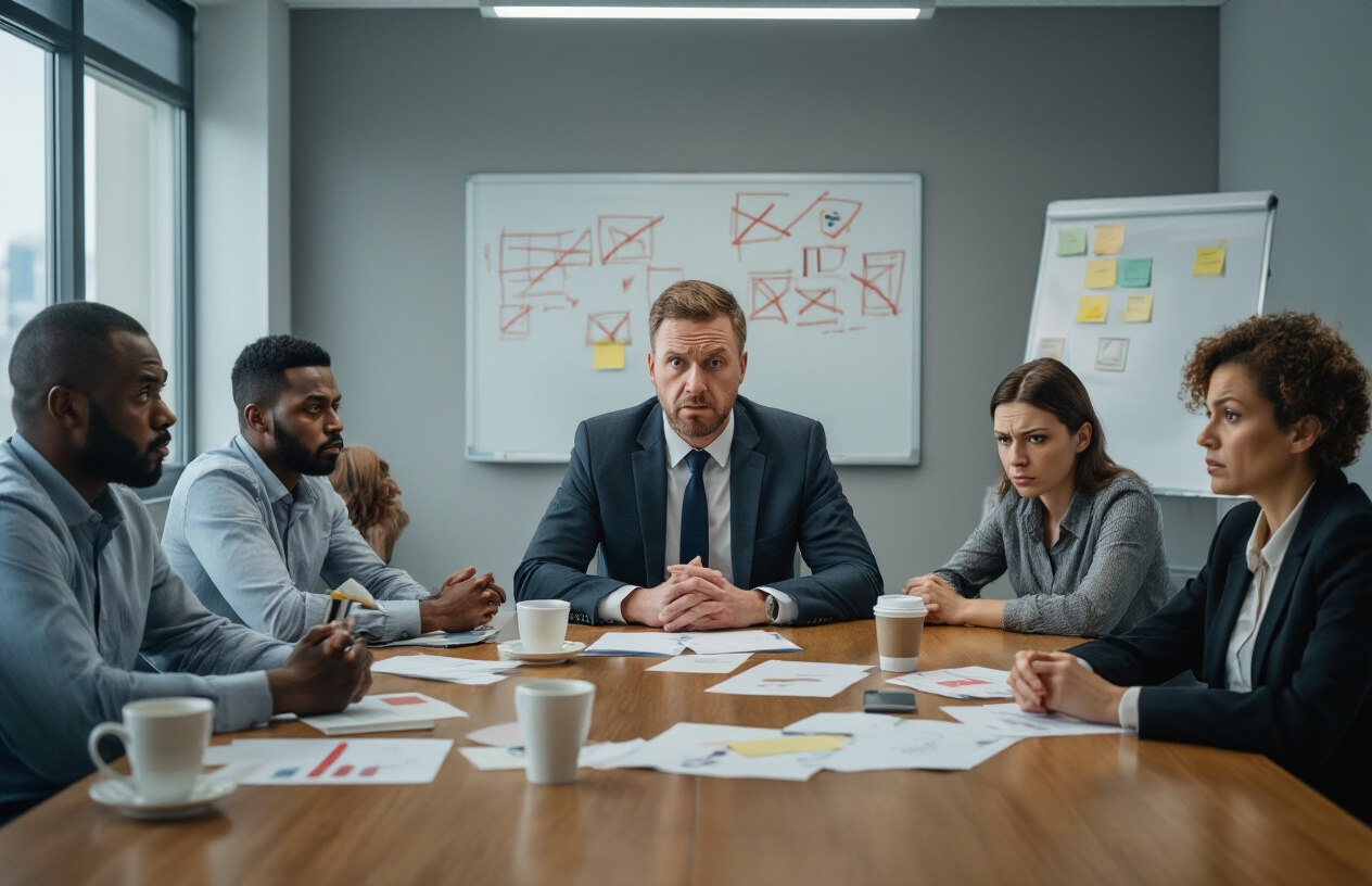 Create a realistic image of a diverse business team in a modern conference room showing signs of dysfunction and poor leadership, featuring a stressed white male manager at the head of the table looking overwhelmed while team members of various races and genders appear disengaged, frustrated, or arguing among themselves, with scattered papers, empty coffee cups, and a whiteboard with crossed-out plans visible in the background, under harsh fluorescent lighting that emphasizes the tense atmosphere, absolutely NO text should be in the scene.