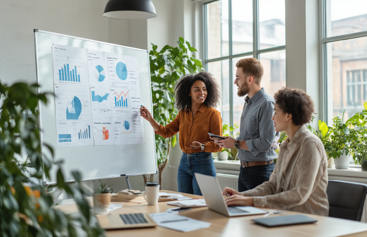 Create a realistic image of a diverse group of entrepreneurs in a modern office space working collaboratively on startup strategies, featuring a white male and black female discussing over charts and graphs on a whiteboard, with laptops, notebooks, and coffee cups on a sleek conference table, bright natural lighting streaming through large windows, plants in the background creating a positive and innovative atmosphere, showing determination and teamwork in building a successful business foundation, absolutely NO text should be in the scene.