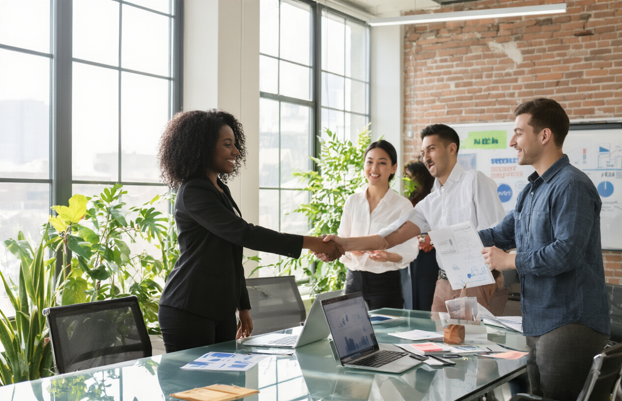 Create a realistic image of a successful diverse startup team celebrating in a modern office space, featuring a black female entrepreneur and white male co-founder shaking hands in the foreground while Asian female and Hispanic male team members collaborate around a glass conference table with laptops and charts, bright natural lighting streaming through large windows, green plants and motivational elements in the background, conveying triumph and growth after overcoming challenges, warm and optimistic atmosphere with professional yet celebratory mood, absolutely NO text should be in the scene.