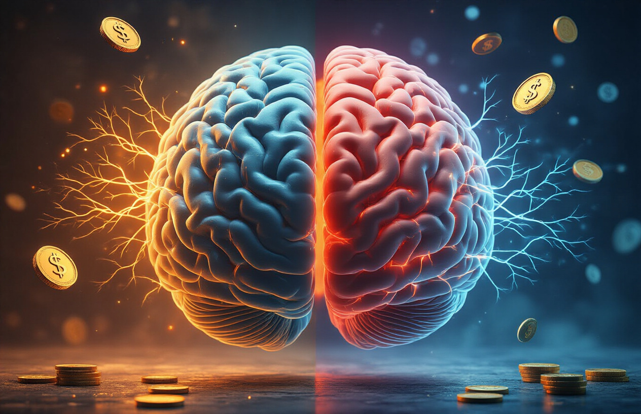 Create a realistic image of a split-screen conceptual illustration showing the human brain's decision-making process, with one side displaying neural pathways glowing in warm orange and red tones representing emotional responses to potential losses, and the other side showing cooler blue neural networks representing rational thinking, set against a dark background with subtle lighting that emphasizes the contrast between emotional and logical brain regions, featuring abstract representations of financial symbols like coins and dollar signs floating ethereally around the brain structure, with a professional scientific atmosphere and dramatic lighting that highlights the psychological complexity, absolutely NO text should be in the scene.