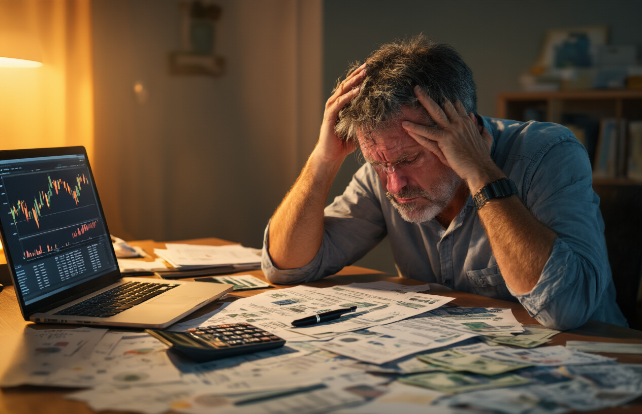 Create a realistic image of a stressed middle-aged white male sitting at a cluttered desk with financial documents, calculator, and laptop showing declining stock charts, surrounded by scattered bills and credit card statements, with his head in his hands expressing frustration and regret, in a dimly lit home office with warm amber lighting creating shadows that emphasize the overwhelming nature of poor financial decisions, absolutely NO text should be in the scene.