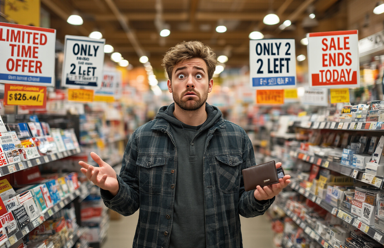 Create a realistic image of a white male consumer looking confused and overwhelmed while standing in front of multiple retail displays showing "Limited Time Offer," "Only 2 Left," and "Sale Ends Today" signs, with his hand reaching toward his wallet, surrounded by marketing materials with countdown timers and scarcity messaging, in a busy store environment with warm artificial lighting that creates urgency, absolutely NO text should be in the scene.