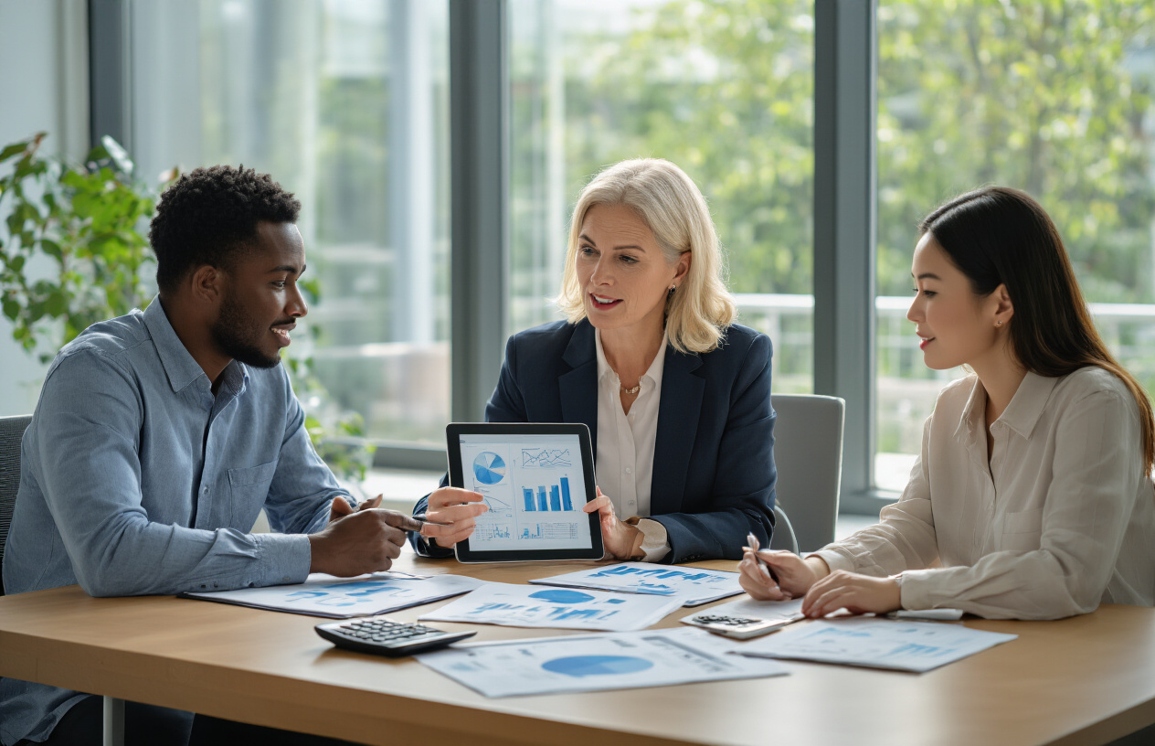 Create a realistic image of a diverse group of people sitting around a modern conference table in a bright, professional office setting, with a middle-aged white female financial advisor pointing to charts and graphs on a digital tablet while a young black male and an Asian female client lean in attentively, with financial documents, calculators, and planning materials spread across the table, natural daylight streaming through large windows creating a positive and collaborative atmosphere, absolutely NO text should be in the scene.