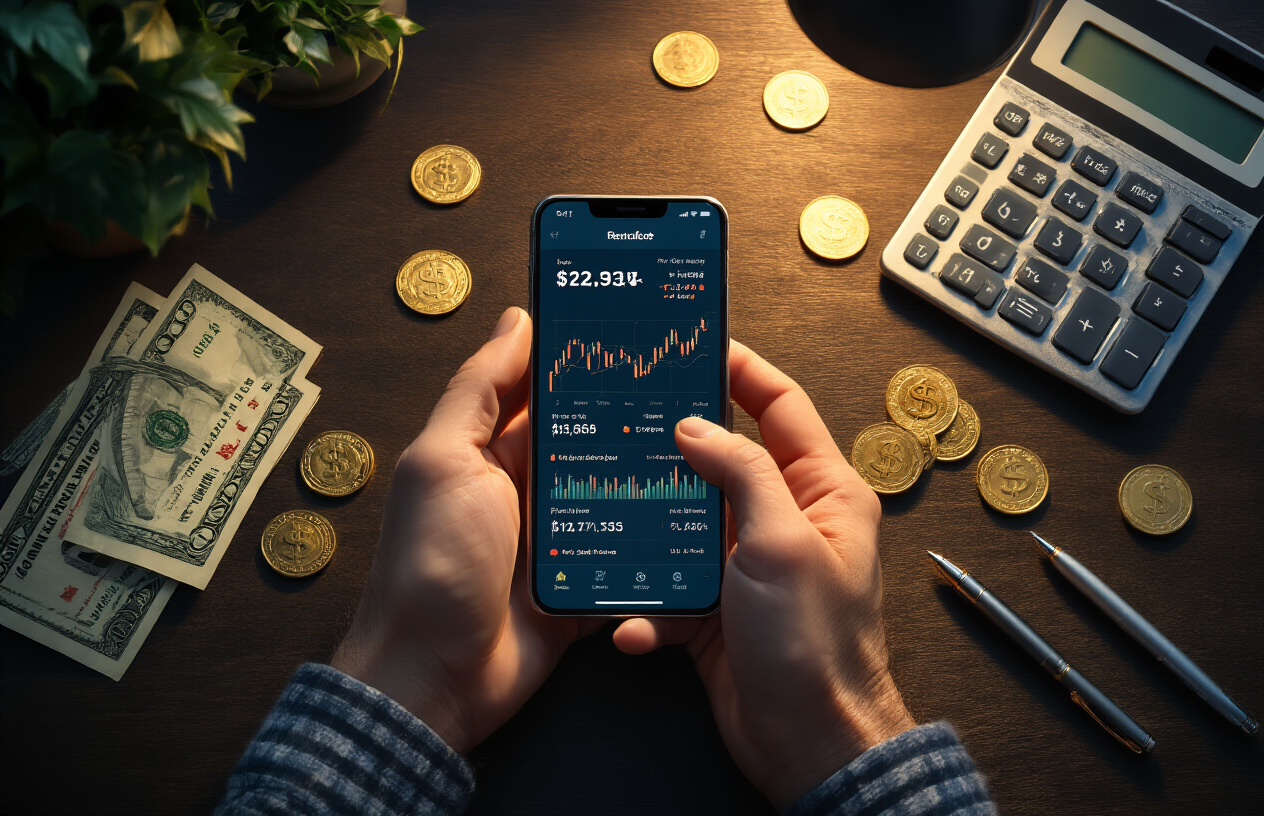 Create a realistic image of a close-up view of hands holding a smartphone displaying a financial app with investment charts and numbers, with scattered dollar bills and coins on a dark wooden desk surface, complemented by a calculator and pen nearby, set in a dimly lit home office environment with warm ambient lighting creating shadows that suggest contemplation and decision-making, conveying a mood of careful financial consideration and learning from past mistakes, absolutely NO text should be in the scene.