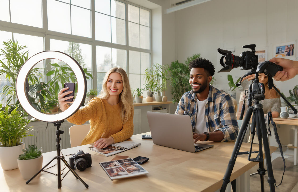 Create a realistic image of a diverse group of content creators working with Instagram on their smartphones and laptops, featuring a white female influencer taking a selfie with ring light, a black male creator editing photos on his laptop, and an Asian female recording a video with professional camera equipment, all in a bright modern creative workspace with plants, aesthetic backgrounds, and social media props like tripods and lighting equipment, warm natural lighting streaming through large windows, absolutely NO text should be in the scene.