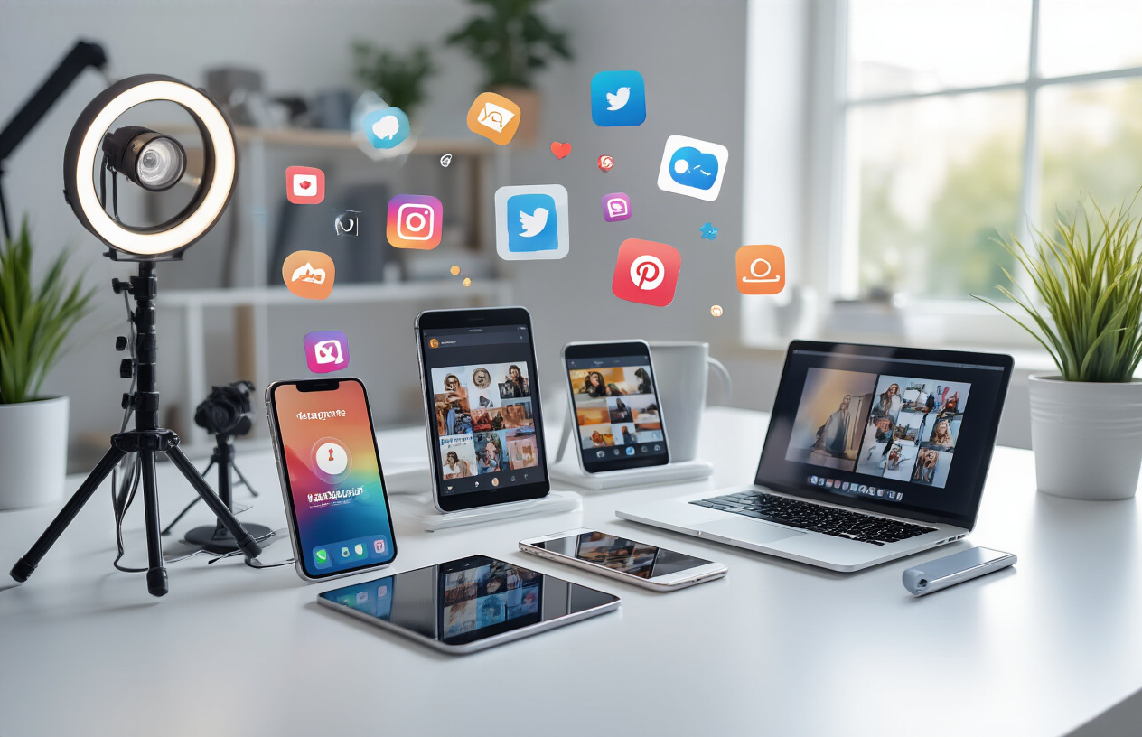 Create a realistic image of a modern workspace featuring multiple smartphones and tablets displaying Instagram interfaces and content creation apps, with creative tools like ring lights, tripods, and camera equipment arranged on a clean white desk, complemented by colorful social media icons and app logos floating subtly in the background, bright natural lighting from a window creating a professional and inspiring atmosphere for digital content creation. Absolutely NO text should be in the scene.