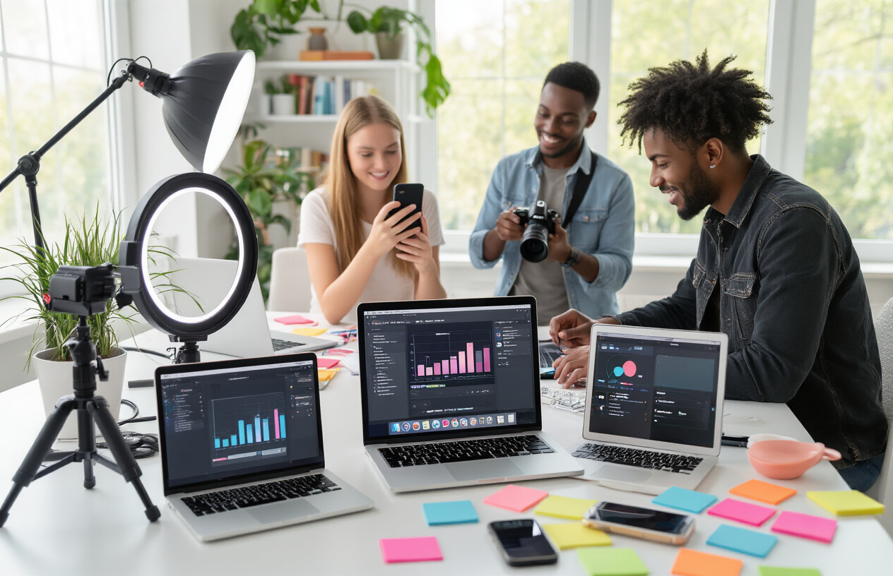 Create a realistic image of a diverse group of content creators working on platform-specific strategies, featuring a young white female influencer recording a video with ring light, a black male photographer editing content on a laptop showing Instagram analytics dashboard, and an Asian female designer creating visual content on a tablet, surrounded by multiple smartphones displaying different social media platforms, camera equipment, lighting setup, and colorful sticky notes with strategy ideas on a modern white desk, bright natural lighting from large windows, energetic and productive atmosphere, absolutely NO text should be in the scene.