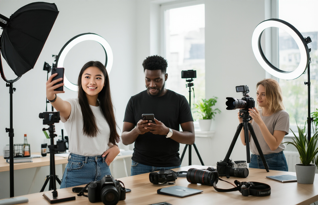 Create a realistic image of diverse content creators working on their phones and cameras in a bright, modern workspace with ring lights, tripods, and photography equipment scattered around, featuring a young Asian female influencer taking a selfie, a black male photographer reviewing content on his phone, and a white female videographer adjusting her camera setup, with natural lighting streaming through large windows creating an inspiring creative atmosphere, absolutely NO text should be in the scene.
