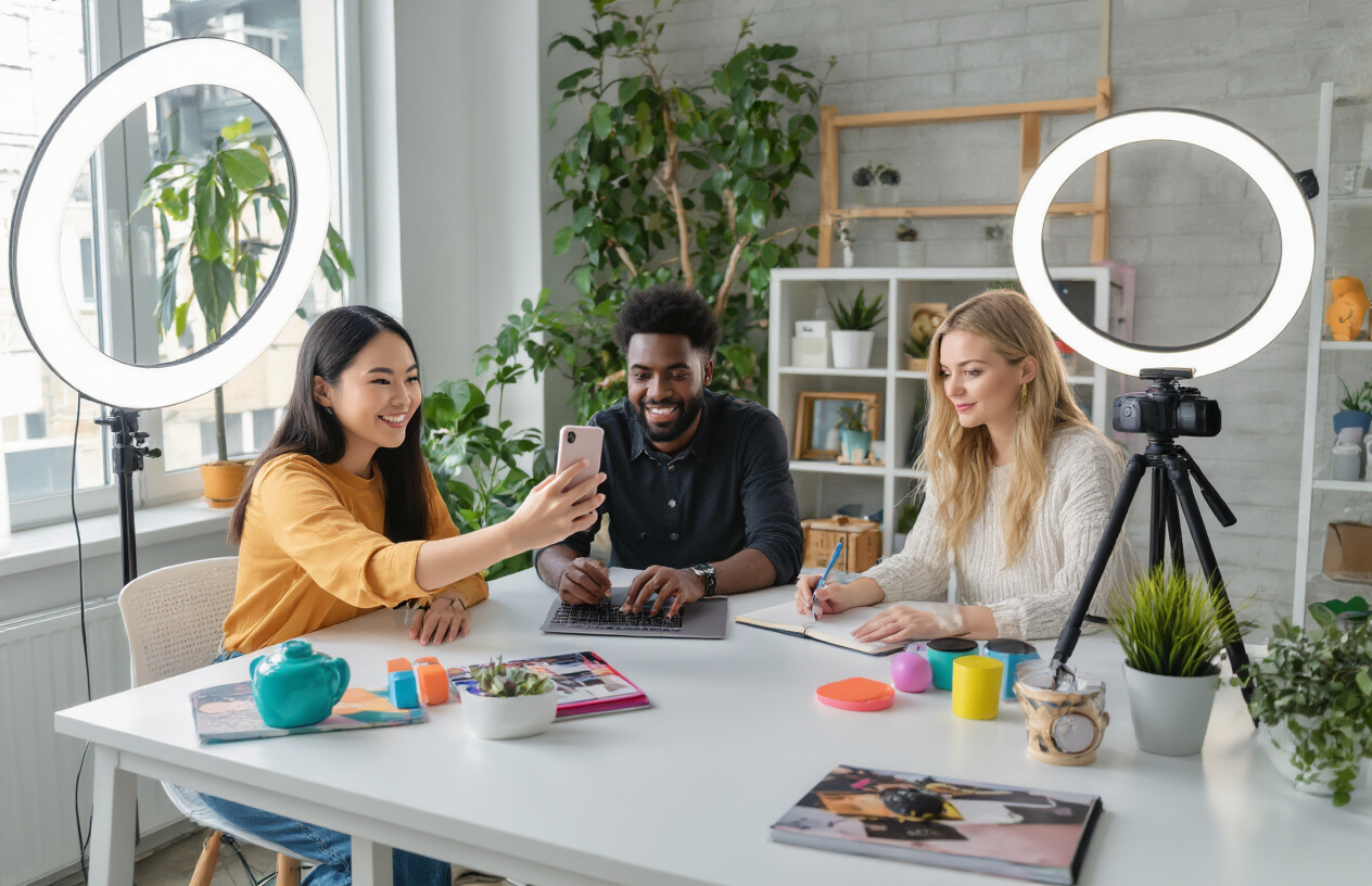 Create a realistic image of a diverse group of three content creators sitting around a modern white desk in a bright, minimally decorated office space, with one Asian female influencer holding a smartphone taking a selfie, one black male creator editing photos on a laptop, and one white female blogger writing in a notebook, surrounded by ring lights, a camera tripod, colorful props, and small potted plants, with natural daylight streaming through large windows creating a creative and professional atmosphere, Absolutely NO text should be in the scene.