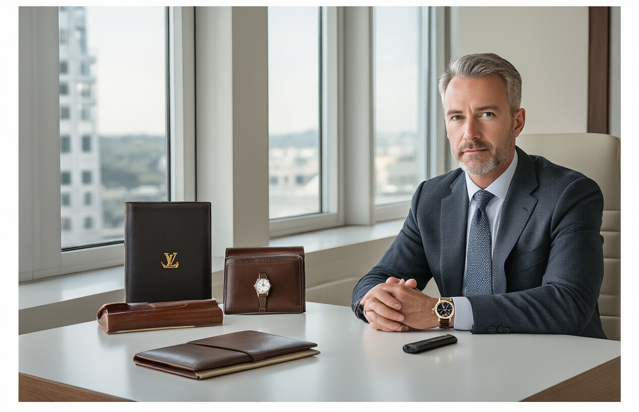 Create a realistic image of a serene white male executive in his 40s sitting confidently at a modern minimalist desk with a calm expression, hands clasped peacefully, surrounded by subtle symbols of wealth like a luxury watch and leather portfolio, with soft natural lighting streaming through large windows in an elegant office setting, conveying tranquility and financial wisdom. Absolutely NO text should be in the scene.