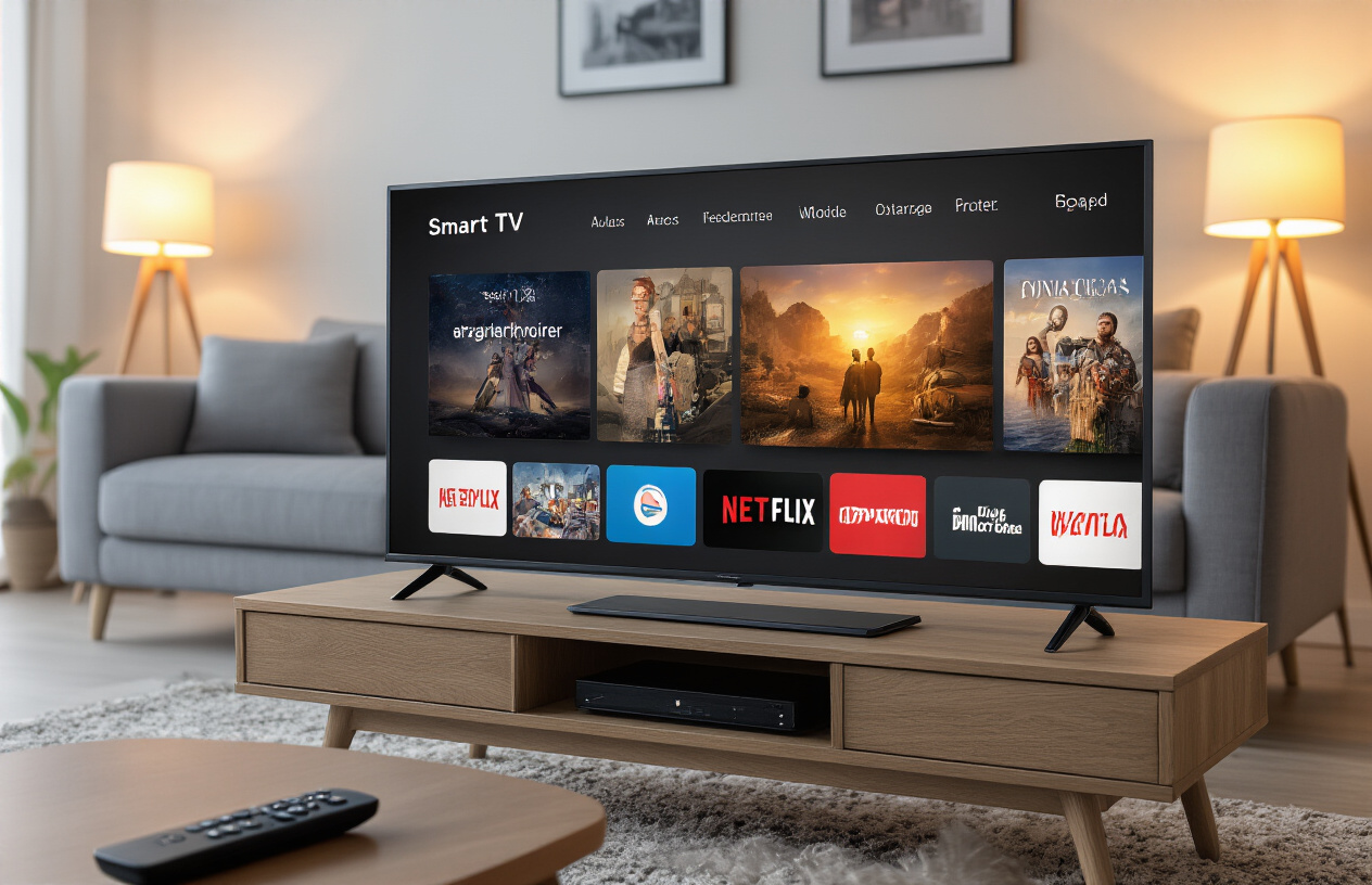 Create a realistic image of a modern smart TV displaying a streaming interface with multiple colorful app icons and movie thumbnails on the screen, sitting on a sleek wooden entertainment center in a contemporary living room, with a comfortable gray sofa in the background, warm ambient lighting from table lamps creating a cozy atmosphere, and a remote control placed on a coffee table in the foreground, conveying a sense of entertainment satisfaction and technological convenience, absolutely NO text should be in the scene.