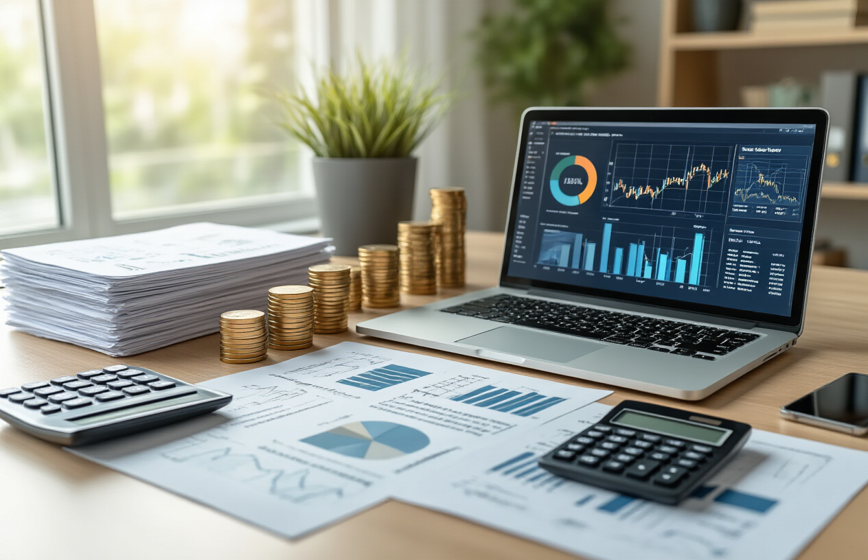 Create a realistic image of a modern workspace featuring multiple income stream symbols including a laptop displaying financial charts and graphs, stacks of organized documents, a calculator, smartphone with business apps, investment portfolios, and revenue optimization tools arranged on a clean desk, with soft natural lighting from a window, professional atmosphere conveying efficiency and financial growth, warm and productive mood, absolutely NO text should be in the scene.