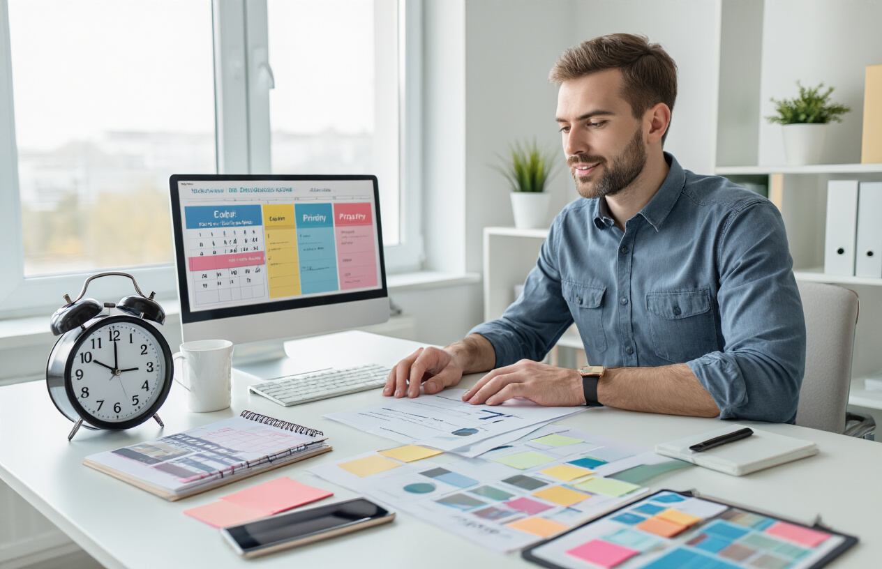 Create a realistic image of a clean, modern workspace featuring an organized desk with a laptop, color-coded calendar, priority lists, and time-blocking schedule visible, alongside productivity tools like a sleek clock, planner, and smartphone, with a professional white male in business casual attire sitting confidently while reviewing documents, set against a bright, minimalist office background with natural lighting from a window, conveying focus and efficiency, absolutely NO text should be in the scene.